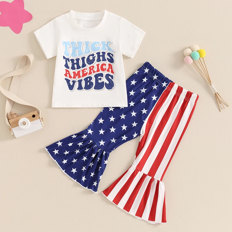 Toddler Girls 4th of July Outfits Letter Print Crew Neck Short Sleeve T-Shirts Stripe Stars Print Flare Pants 2Pcs Clothes Set