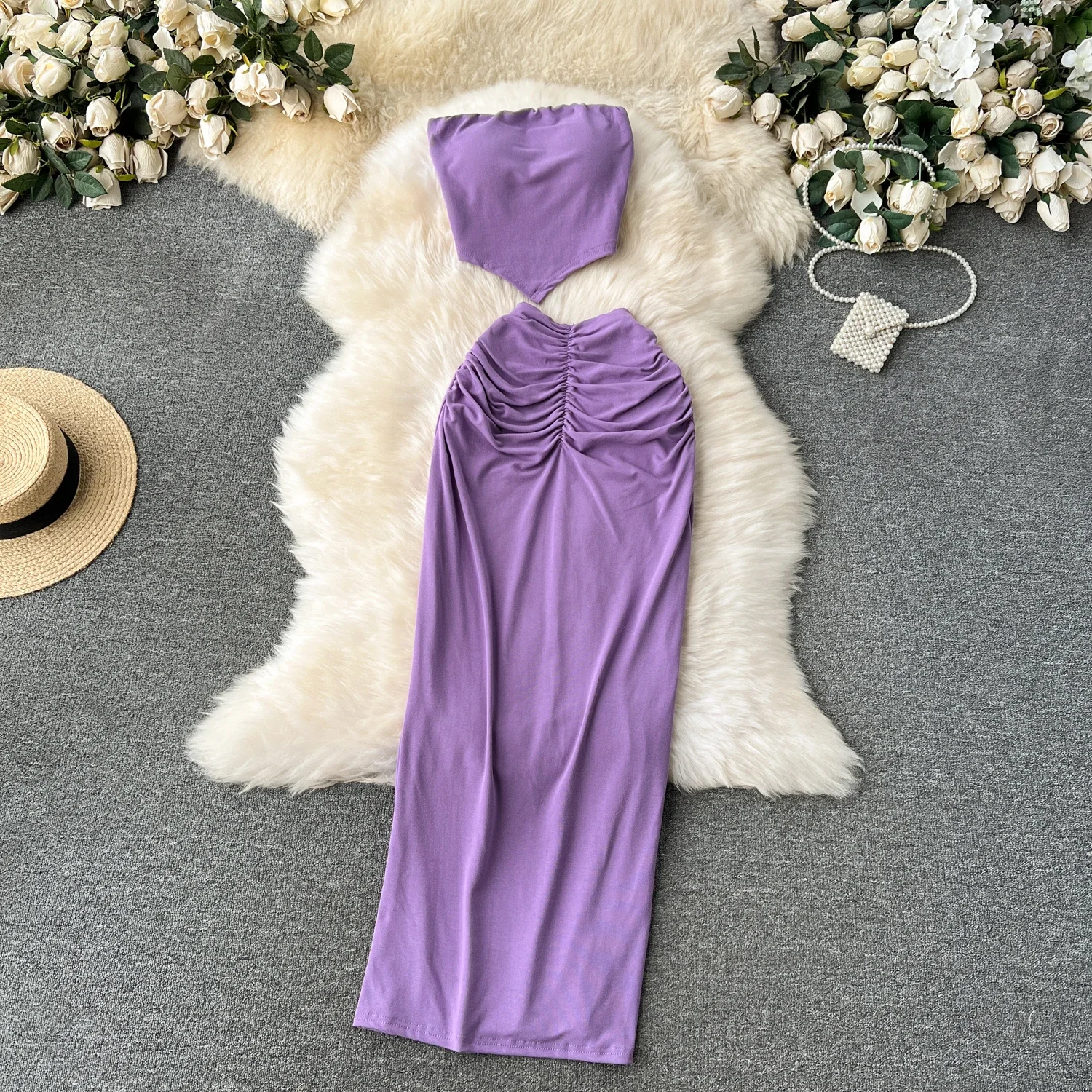 Women Vintage Two Pieces Skirt Sets Women Folds Sleeveless Off Shoulder Crop Top  Elastic Waist High Elastic Waist Pencil Drees