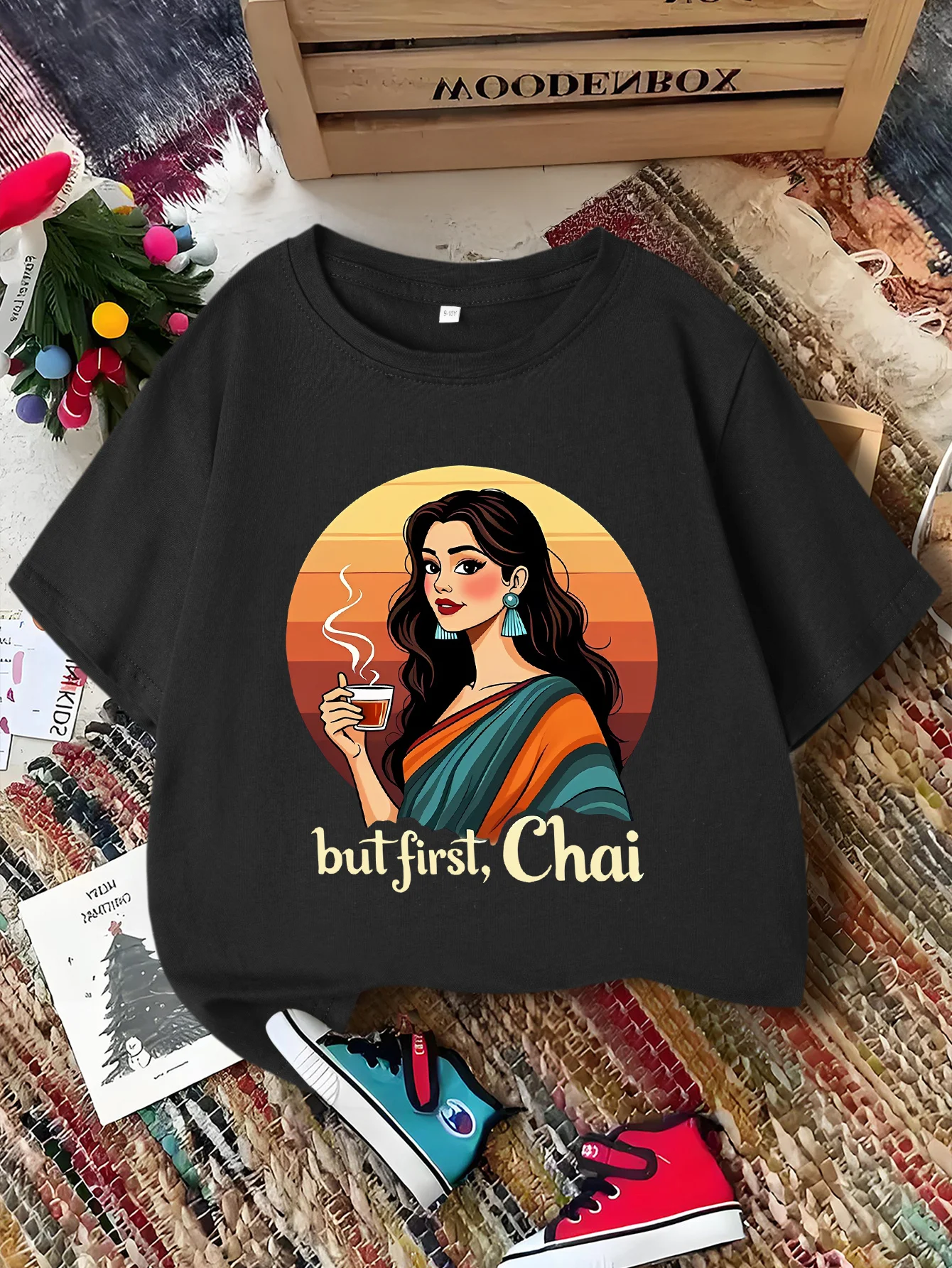 Cute But First Chai Saree Lady Print Graphic Kids Tee Boys Girls Family Matching Cotton Crew Neck Short Sleeve Soft Summer Tee