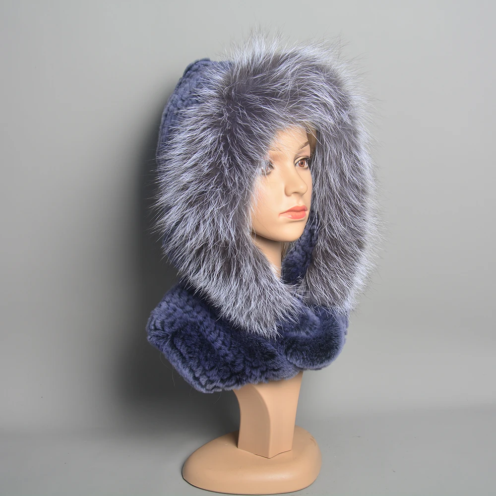 Luxury Women New Knit Real Rex Rabbit Fur Hat Hooded Scarf Winter Warm Lady Real Fox Fur Cap Natural Fur Hat With Neck Scarves