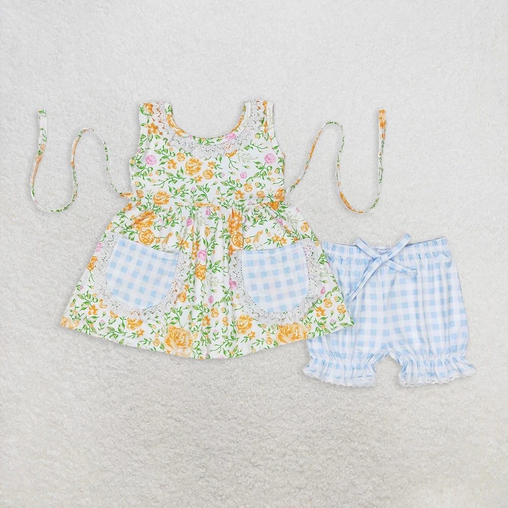 

Girls Yellow Floral Pocket Tunic Plaid Shorts Outfit Set Spring/Summer Children's Clothing Set