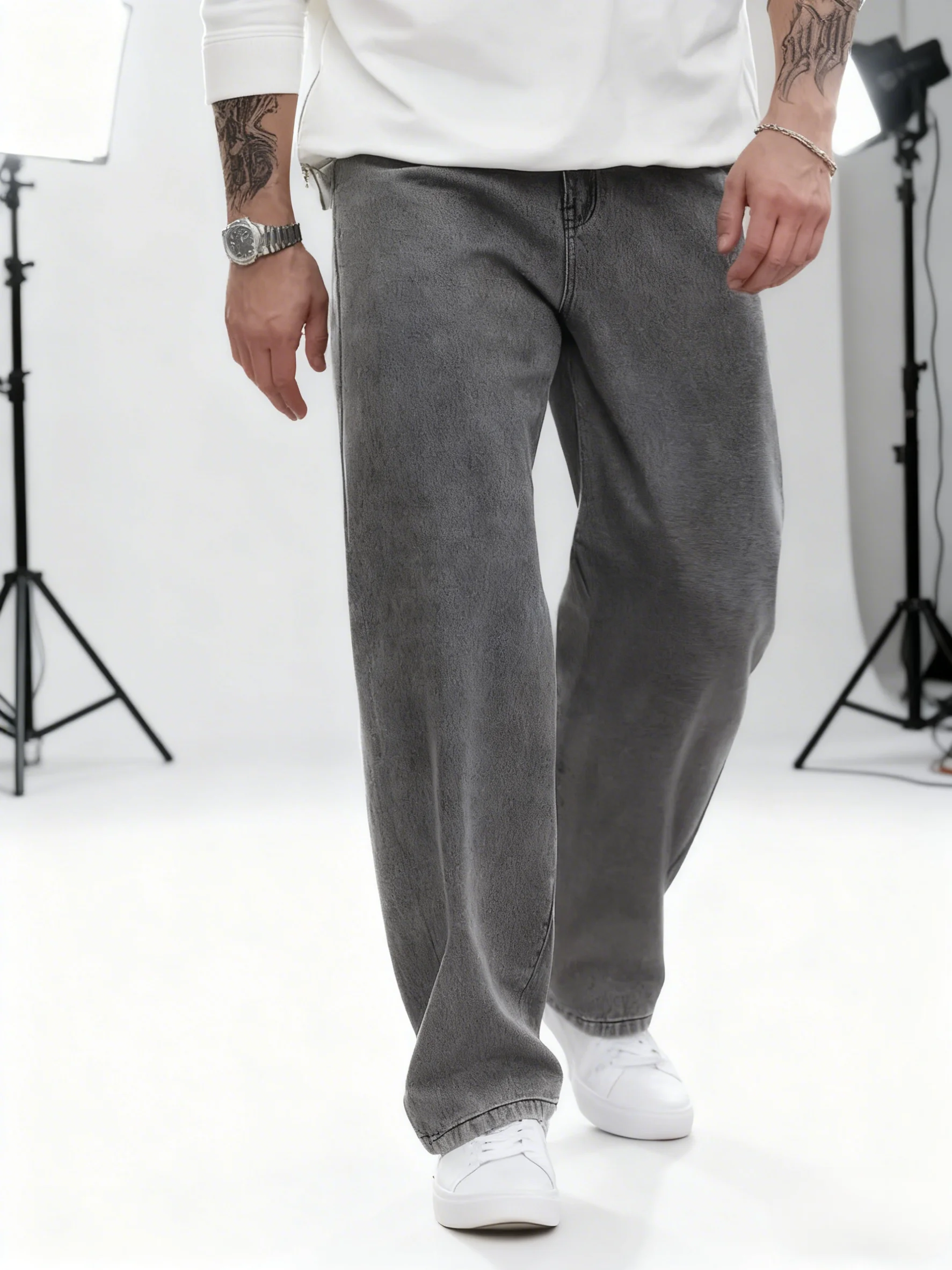 

Мужские черные, серые прямые потертые джинсы с функциональными карманами, универсальный, удобный в тон, модный, прочный, повседневная одежда для