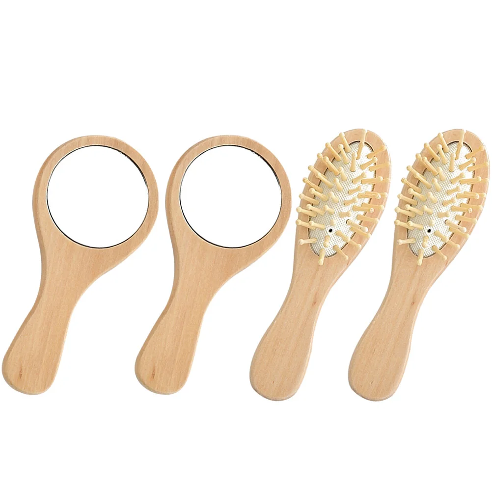 

2 Sets Mirror Portable Comb Pocket Compact for Makeup Mirrors Wooden Hand Held Handheld Vanity