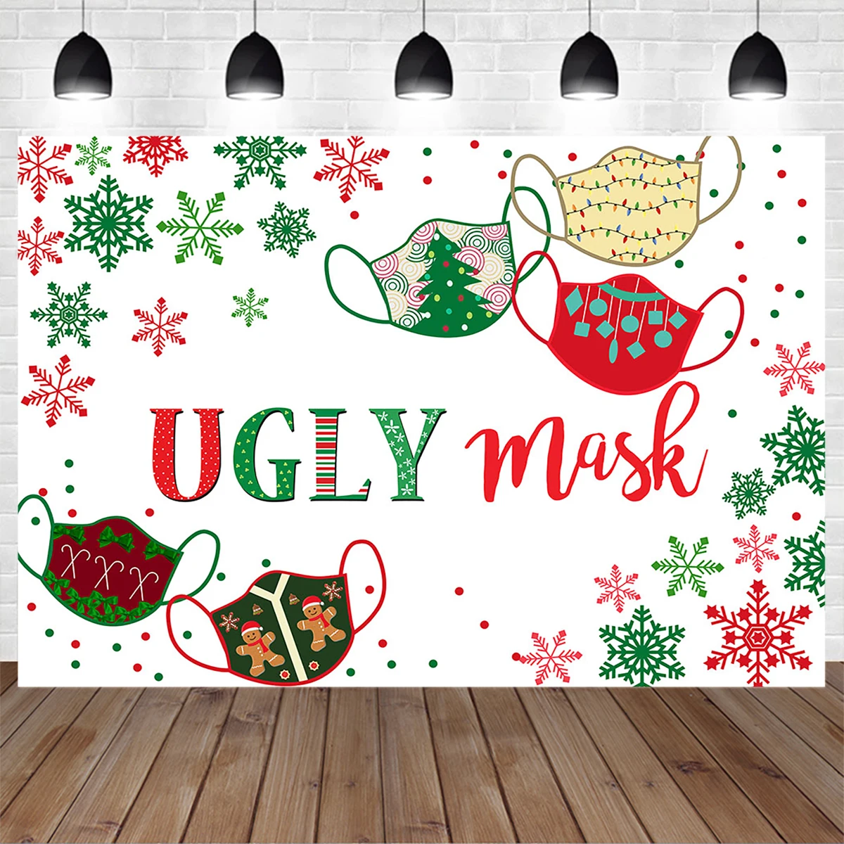 

Mocsicka Winter Christmas Ugly Mask Party Decor Photography Background Snowflake Pattern Red Green Backdrop Banner Home Studio