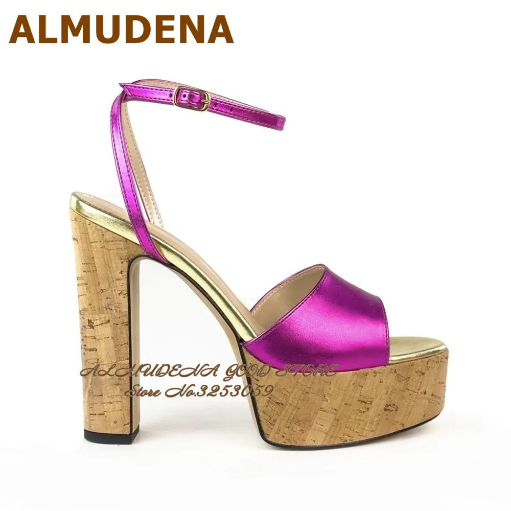 

ALMUDENA Cork Block Heels Platform Sandals Metallic Fuchsia Matte Leather Patchwork Dress Shoes Wooden Chunky Heels Size46