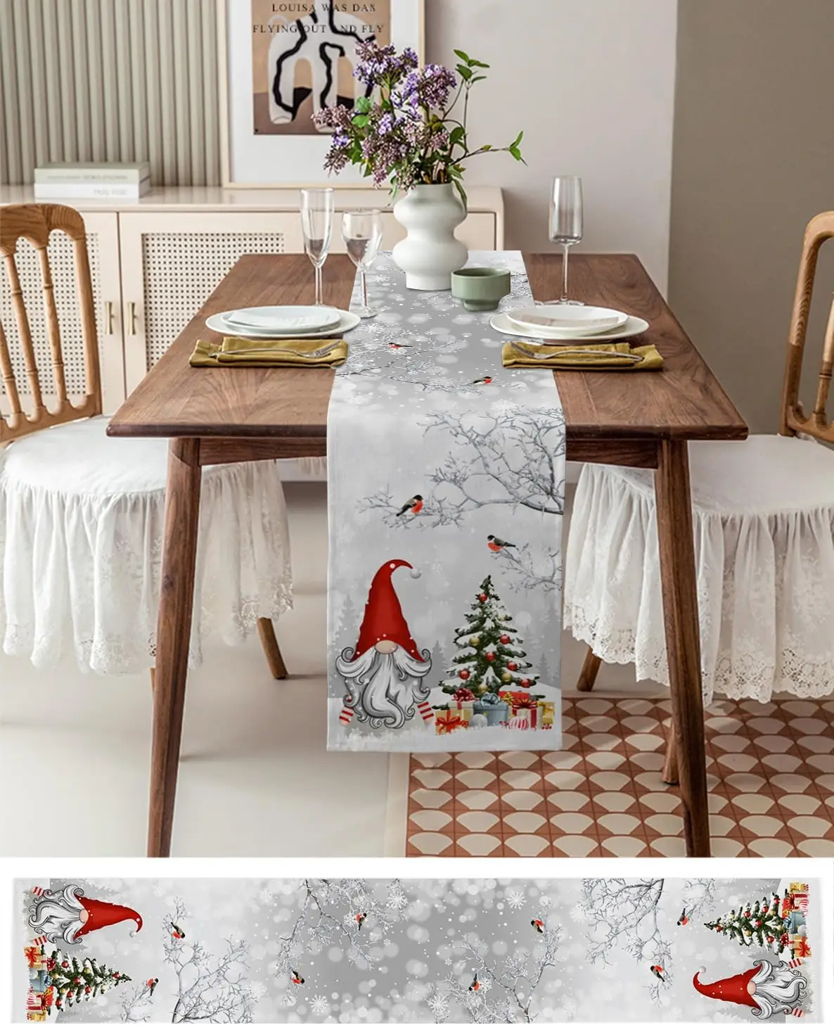 Christmas Tree Gnome Linen Table Runner Party Decor Reusable Winter Xmas Snowflakes Branch Table Runners Christmas Decorations