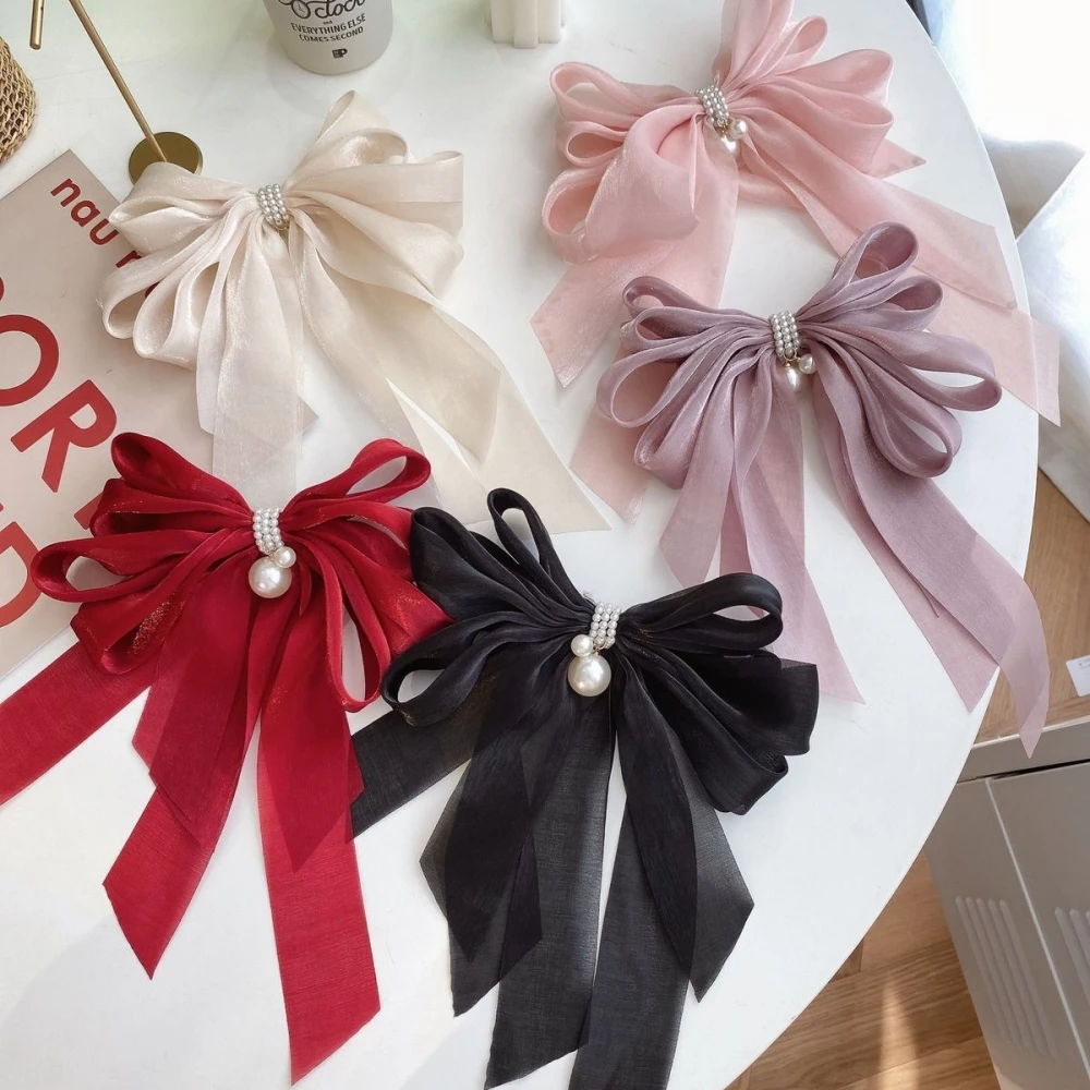 Elegant Bow Ribbon Hair Clip Fashion Simple Solid Satin Spring Clip Hair Pin Retro Headband Pearl Pendant with Clips Girls Hair