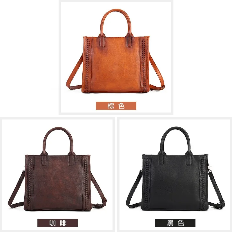 Genuine Leather Shopper Bag Women Luxury Ladies Leather Braided Tote Bags Vintage Female Square Top-handle Handbags Shoulder New