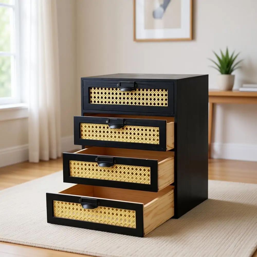 

Large Wooden Bohemian Desk Organizers with Storage Boxes, Rattan Paper Holders, and Card Catalog Cabinet in Black