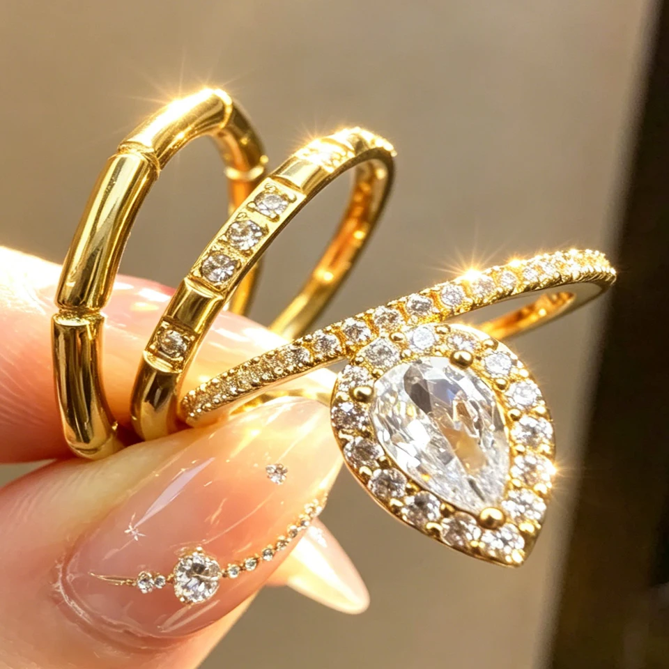 Yupsk – ensemble de 3 bagues empilables en acier inoxydable couleur or avec zircon étincelant, bijoux de fiançailles pour femmes, cadeau