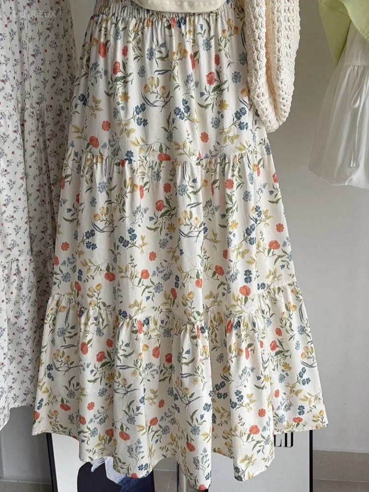 Summer Korean Vintage A-LINE Contrast Color Flower Print Loose Long Fashion Skirts