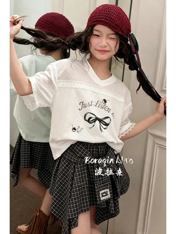 boraqin-korean-style-children's-outfit-summer-checkered-skirt-shorts-sleeve-t-shirt-knot-kids-ensemble-breathable