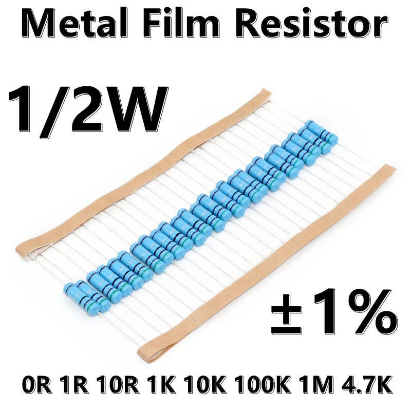 (100pcs) 1/2W Metal Film Resistor 1% five color ring precision resistor 0R 1R 10R 1K 10K 100K 1M 4.7R 47R 4.7K 5.1K 51K