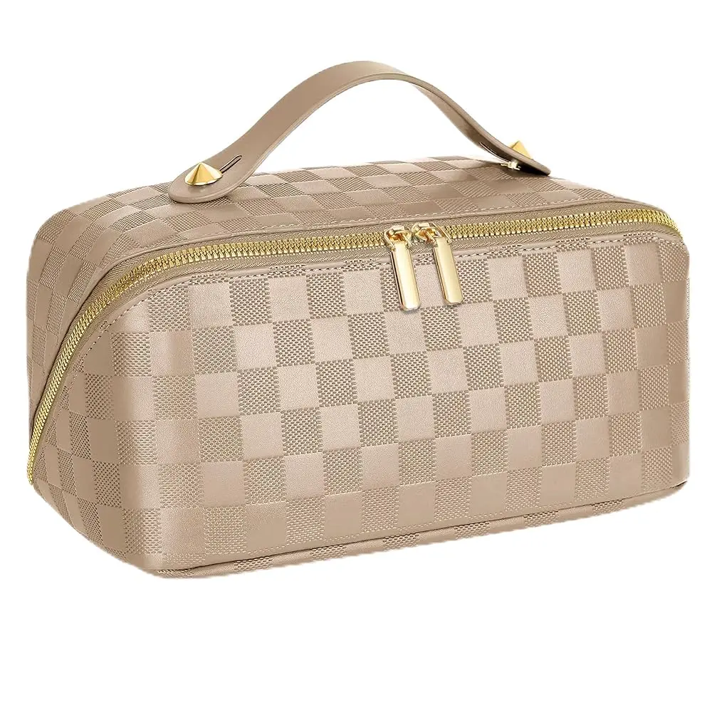 

Large Capacity Travel Cosmetic Bag - Portable Makeup Bags for Women Waterproof PU Leather Checkered Makeup Organizer Bag with