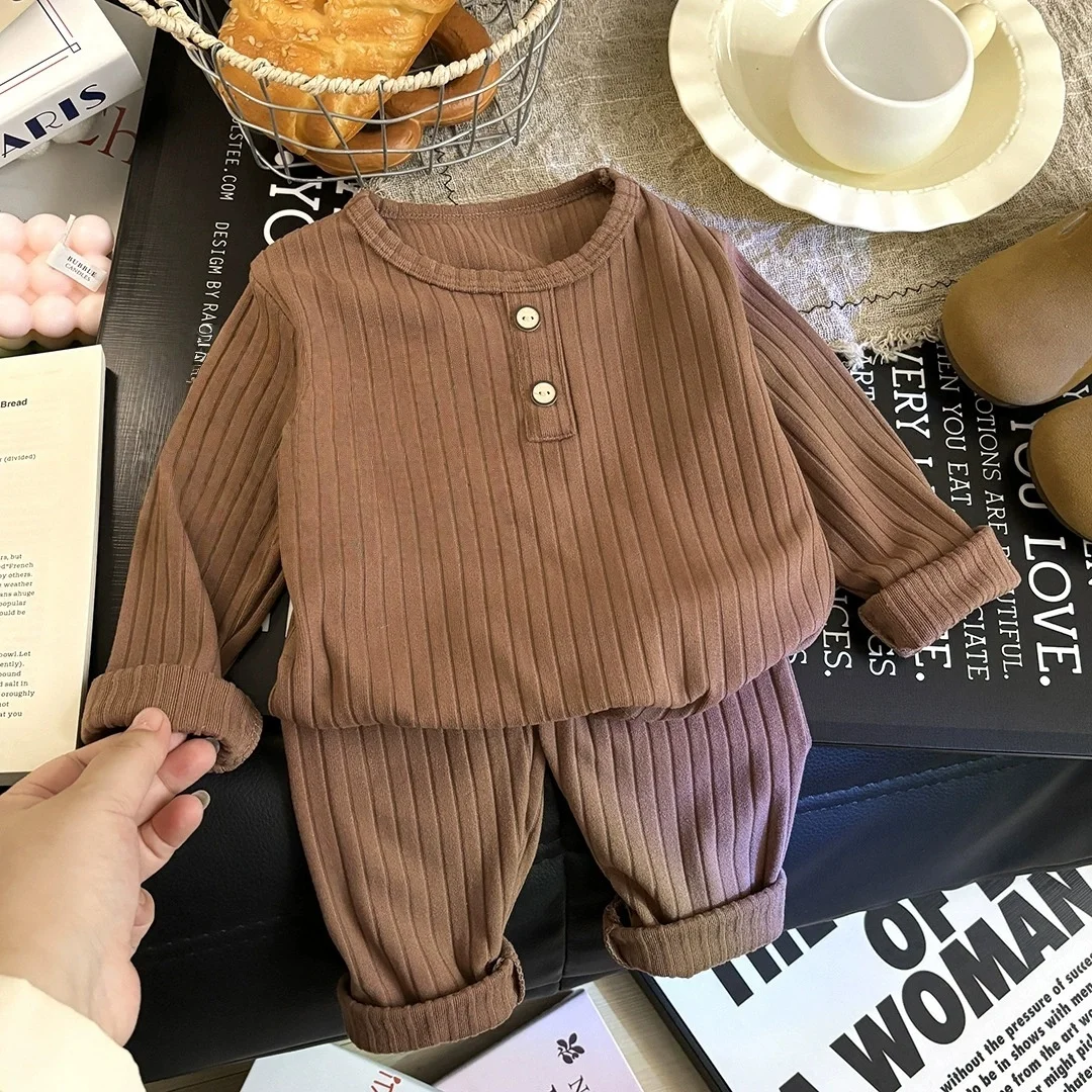 

2Pcs Baby Ribbed Pajama Set Long Sleeve Buttoned Top and Pants Outfit Toddler Boys Girls Soft Cotton Sleepwear for Spring Autumn