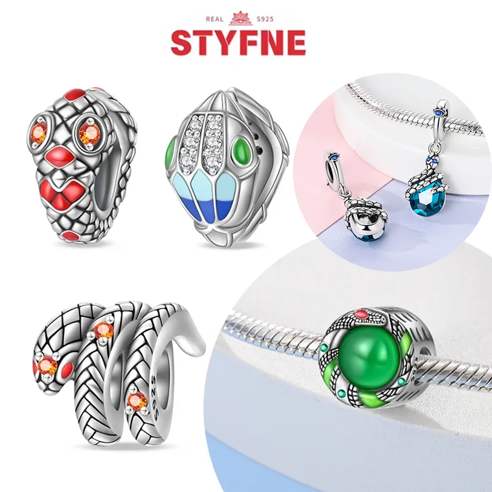 

Sterling Silver 925 Small Green Snake Beads Snake Pattern Shiny Zircon Charm Fit Original Bracelet for Women Diy Jewelry