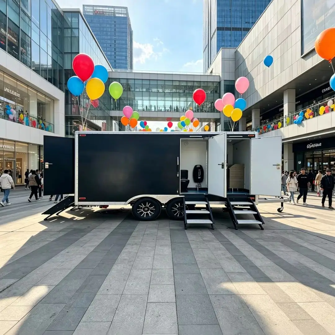4-Stall Matte Black Portable Restroom Trailer VIP Mobile Toilet with Steps for Events & Weddings