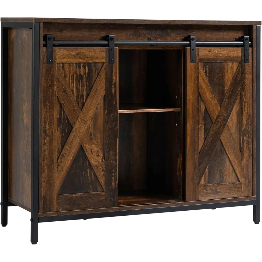 Industrial Buffet Cabinet, Sideboard, Coffee Bar Table with Sliding Barn Doors, Storage Cabinets and Adjustable Shelves f