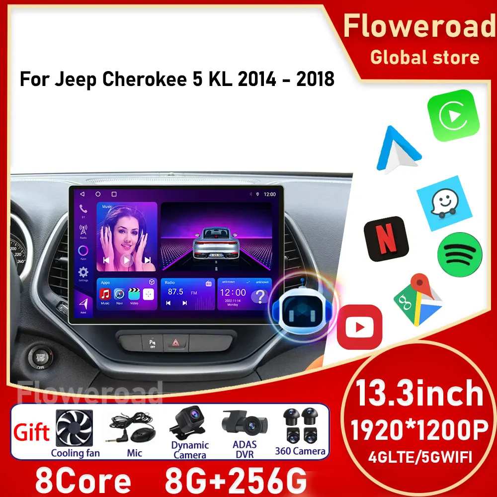 8G + 256GB 13.3 inch Android For Cherokee 5 KL 2014 - 2018 Car Radio Multimedia Video Player GPS Carplay Androidauto 4G 5G WIFI