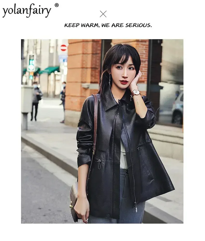 2023 New Genuine Leather Jacket Women Sheepskin Coat Printed Bubble Leather Waistband Loose Women\'s Leather Coat Large Clothes