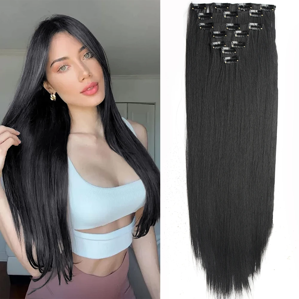 24Inch Long Wavy Hair Extension 7Pcs/Set 16 Clips  Synthetic Hairpiece Clip In Hair Extensions Black Brown For Women