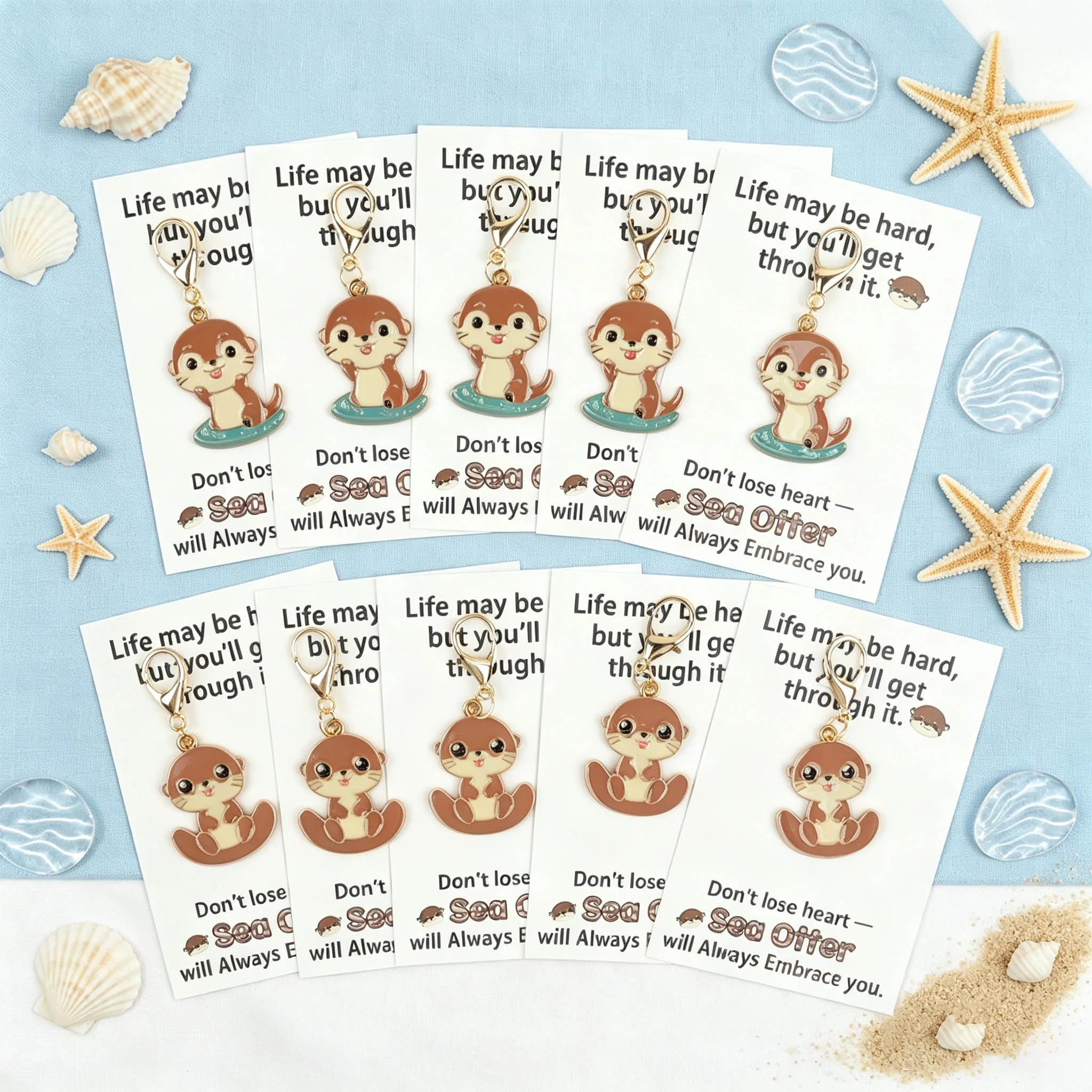 10 porte-clés mignons en forme d'otters marins, avec cartes de vœux encourageantes accompagnées. Sacs, accessoires vestimentaires, cadeaux de fête pour amis. Cadeaux originaux et amusants.