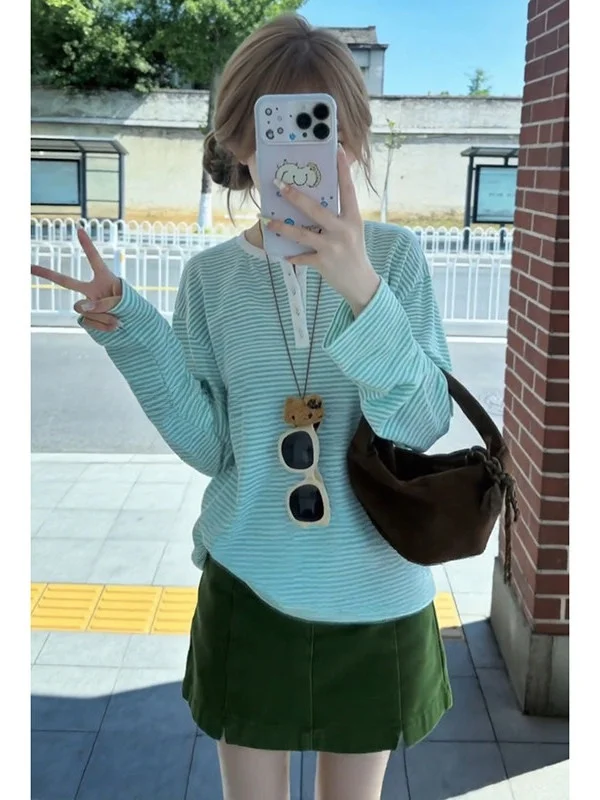 

Elegant American Style Two-Piece Set Women's Fashion Loose Fit round Neck Long Sleeve Striped Top Skirt Casual Style Polyeste...