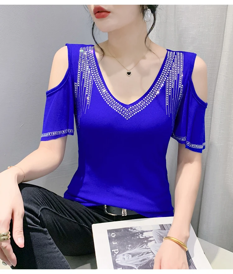 #7201 Off Shoulder T Shirt Women V-neck Diamonds Sexy Skinny T Shirt Female Short Sleeve Stretch Mesh Short Tshirt Femme Summer