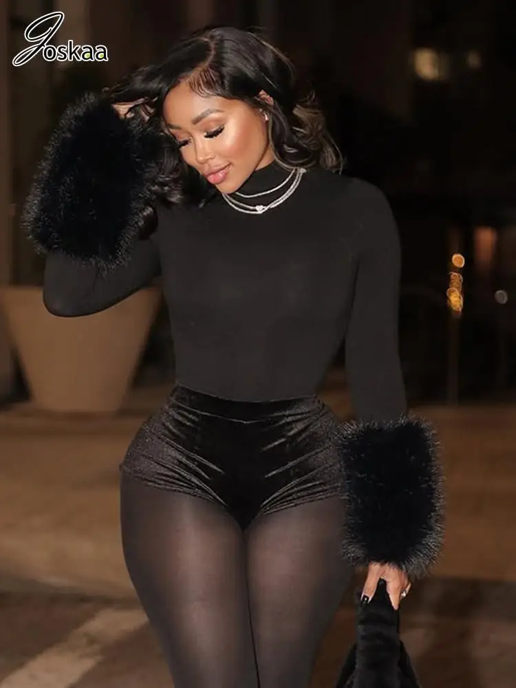 Joskaa-Body Sexy con mangas de almazuela peluda para mujer, Body negro de una pieza, ropa para discoteca de otoño, ropa de calle
