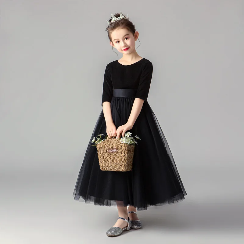 Fashion Girls Black Dresses Children Piano Performance Formal Costumes Kid Birthday Party Luxury Slim Fit Tulle Shiny Dress