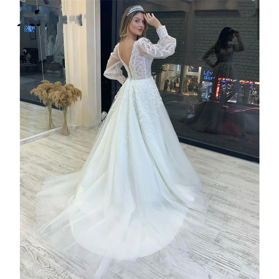 Customized Tulle Appliques Lace V-neck Full Sleeves 2024 Wedding Dresses for woman Sweep Train Evening Dress Vestidos De Noiva