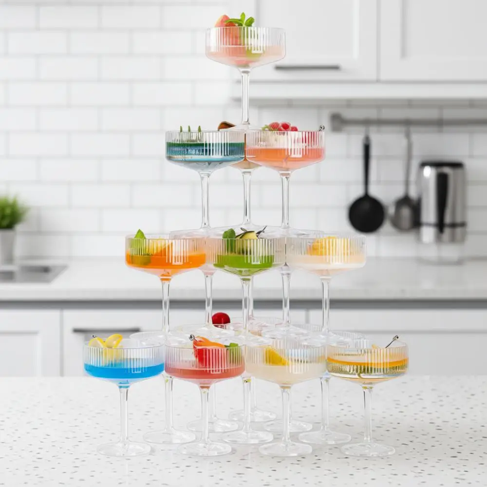 

Acrylic Glasses, 10oz Plastic Champagne Tower, Unbreakable Ribbed Coupe Glasses, Art Deco Stem Cocktail Glassware Set, Goblet fo