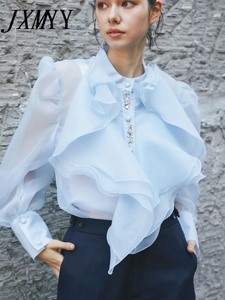 

JXMYY 2024 Autumn New Ruffled Long Sleeve Shirt Mesh Elegant Temperament Shirt Women's Blouse