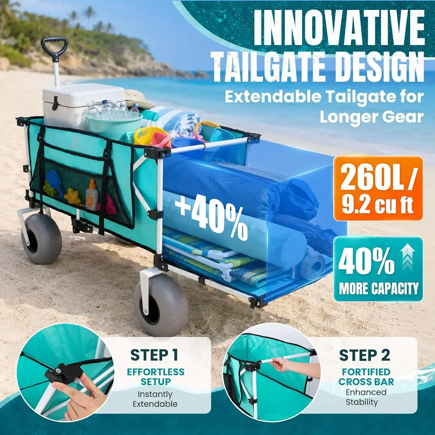 260L Beach Wagon with Extended Tailgate, 440lbs Heavy Duty Beach Cart with 9” Big Balloon Wheels for Sand, Collapsible Folding W