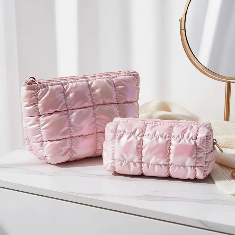 Iridescent Pink Puffy Makeup Bag Bubble Grid Design Large Capacity Travel Daily Jewelry Bead Lipstick Accessory Storage