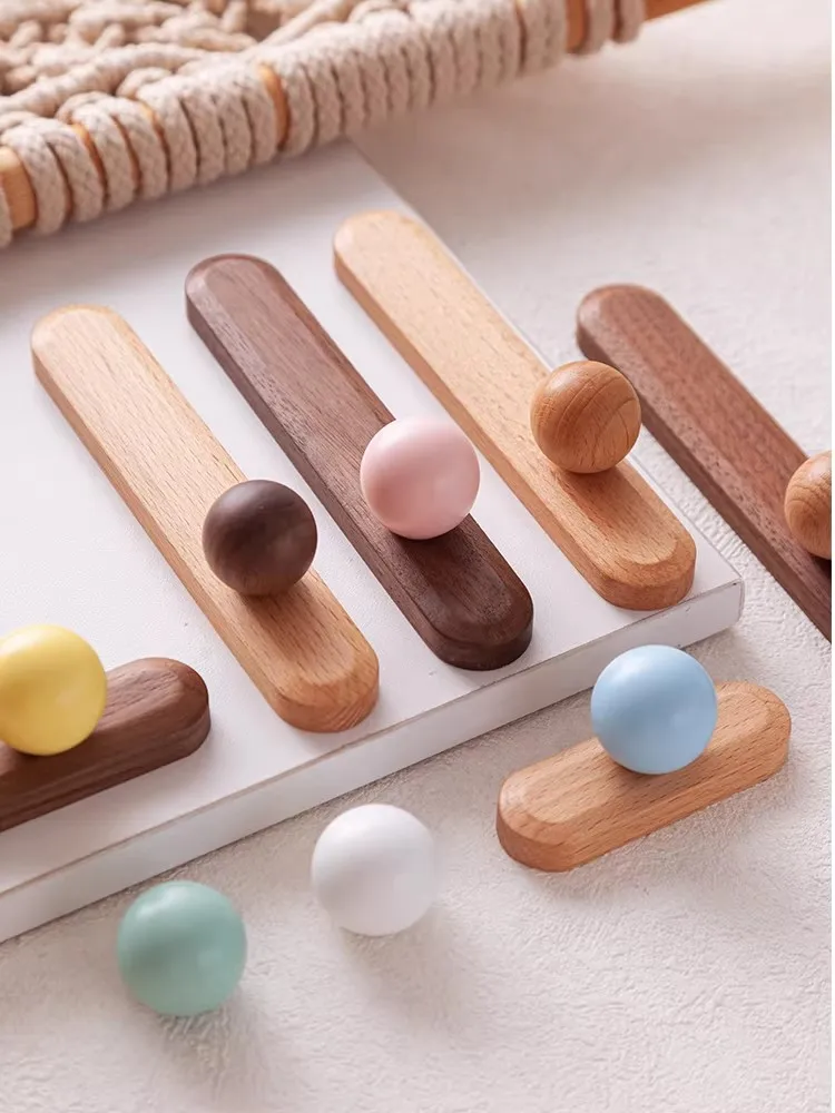 Wood with Ceramic Ball Cabinet Handles Modern Wardrobe Pulls for Children's Room Drawer Knobs Walnut Beech Furniture Hardware
