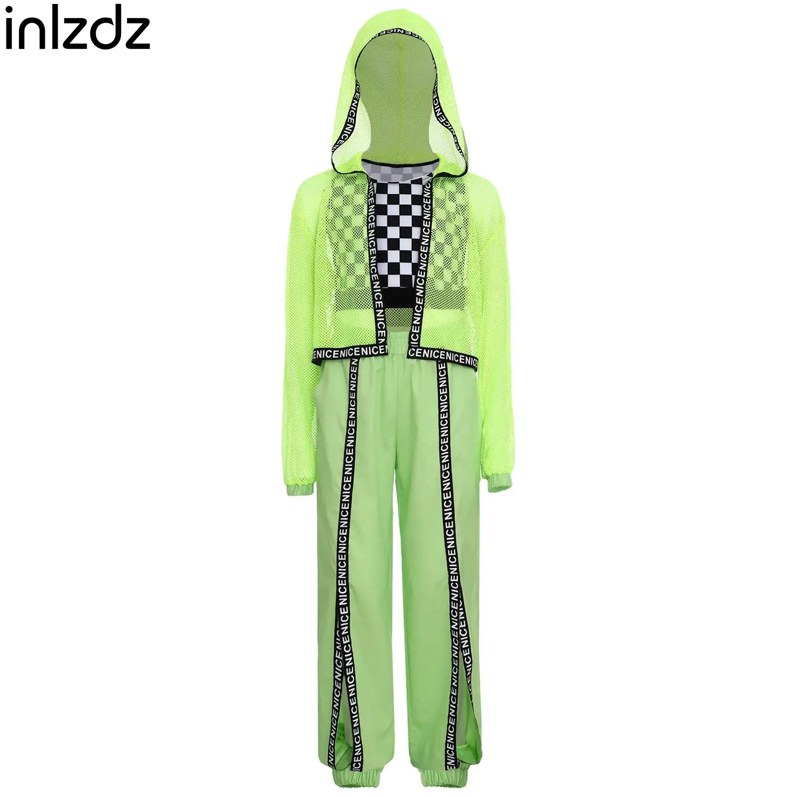 

Костюм из трех предметов для девочек в стиле хип-хоп, джаз, уличный танцевальный костюм, клетчатая майка + ажурная верхняя одежда с капюшоном + комплект брюк