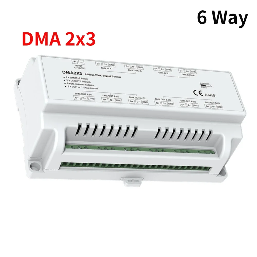 

NEW 12-48VDC 6 Ways DMX Signal Splitter DMA2X3 DMX512 Amplifier Repeater Work DMX Master 0.5A Max for LED Lamp Moving Head Light