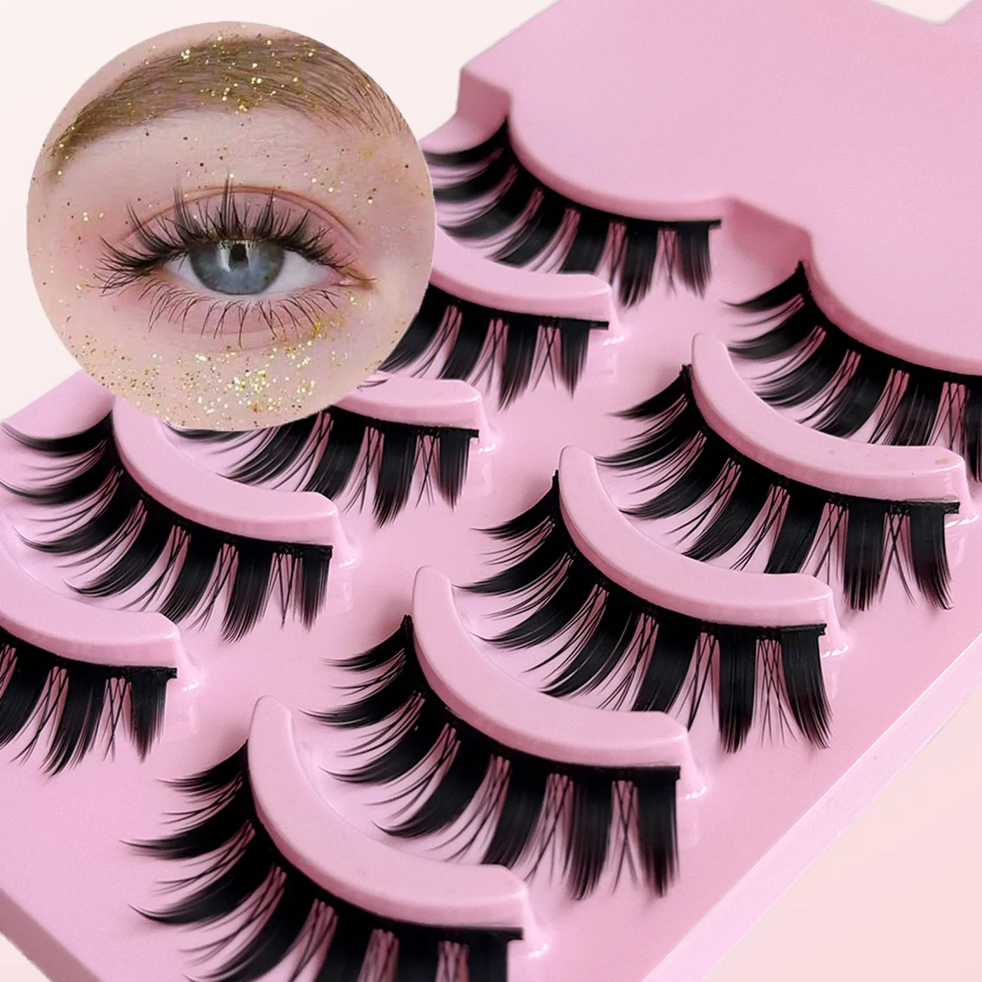 DINGSEN 5 Pairs Manga Lashes Eyes Lashes Soft Natural Long Eyelashes Fake Lashes Anime Wispy Strip False Eyelashes Makeup