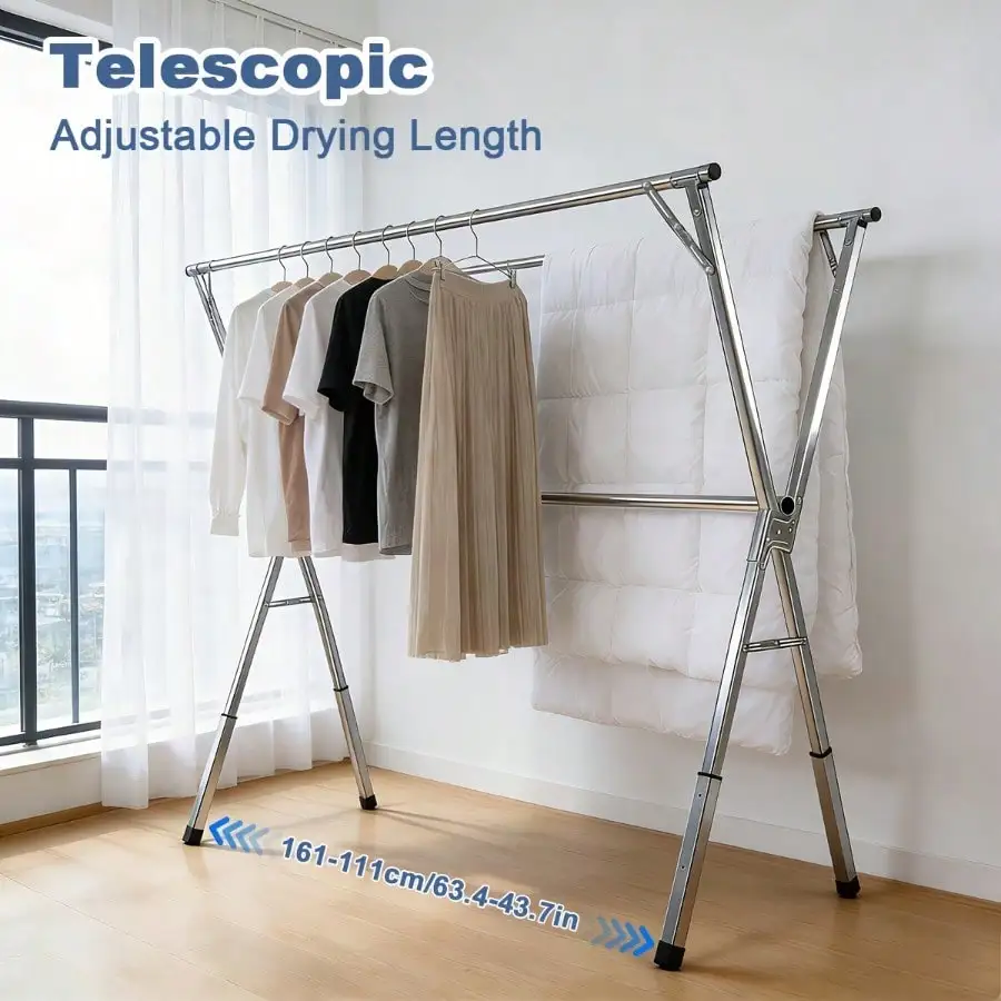 

Heavy Duty Clothes Drying Rack | Retractable X-Frame, Durable Metal Foldable Laundry Rack For Indoor And Outdoor, Space-Saving,