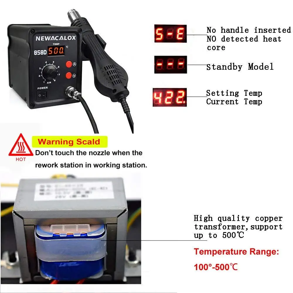 858D Soldering Station Hot Air Rework Station BGA IC Desoldering Tool LCD Display 500°C Airflow Adjustable Fast Heating Safe