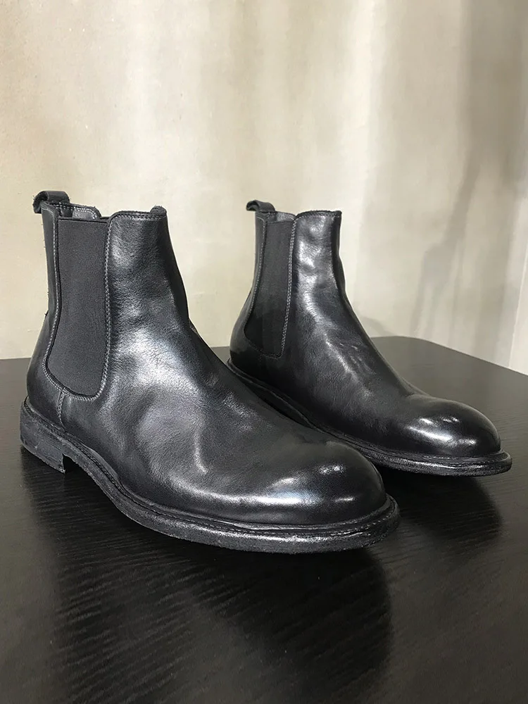 Vintage Business Men Work Chelsea Boots British Cowhide Genuine Leather Ankle Boots Slip On Round Toe High Top Moto Biker Shoes