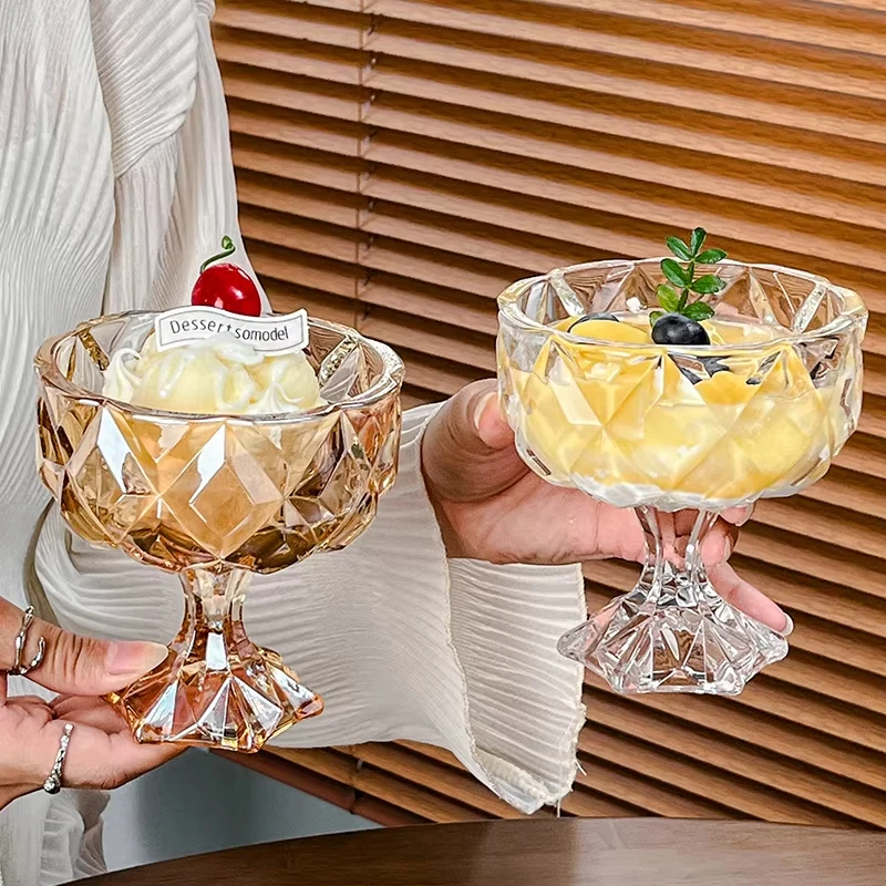 300ml Glass Ice Cream Cup Ins Style Dessert Yogurt Cups Hand Painted Goblet Fruit Pudding salad bowl Juice Milk Shake Cup