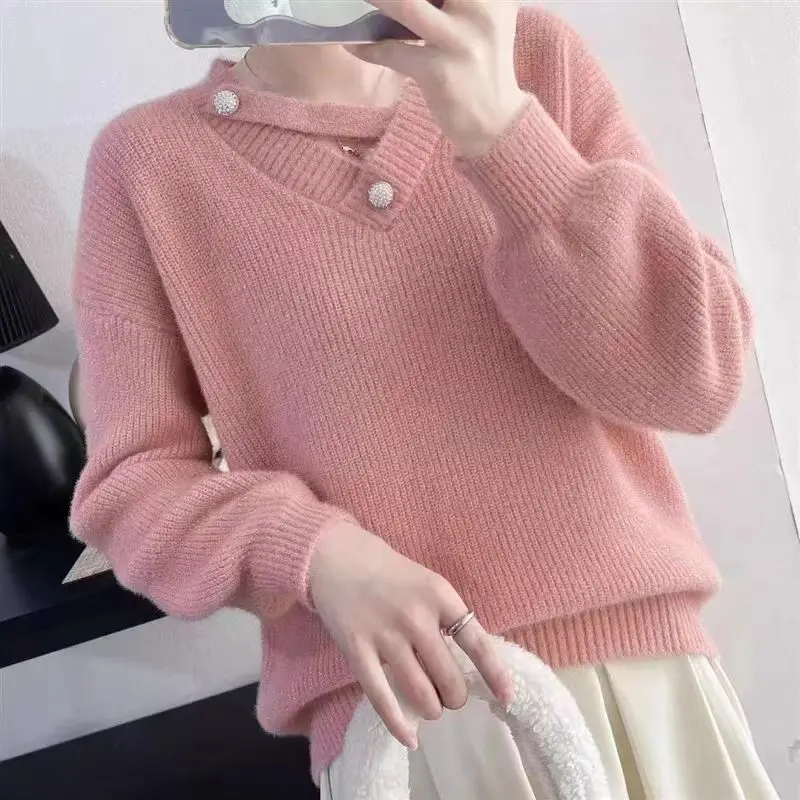 Korean Autumn/Winter New SweatersWomen\'s V-Neck Solid Button Simplicity Versatile Loose Long Sleeve Pullovers Knitted Tops