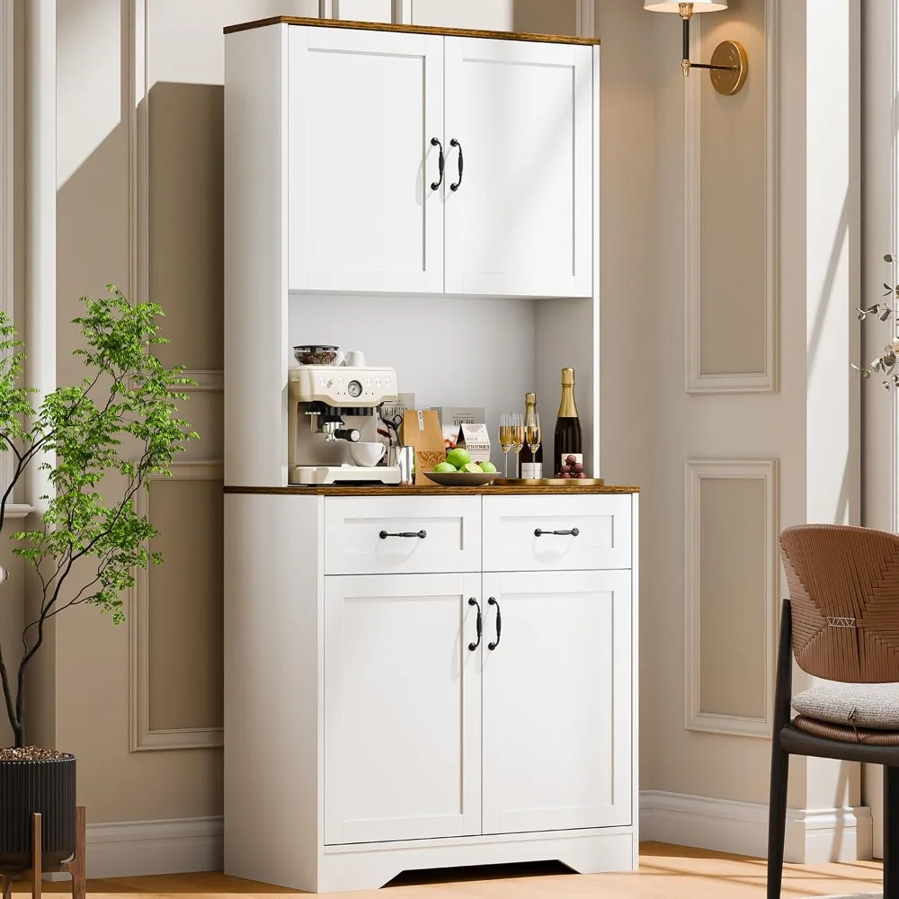 

Standalone Farmhouse-Style Kitchen Hutch with Storage Drawers, Coffee Bar, and Liquor Cabinet for Large Countertop Use