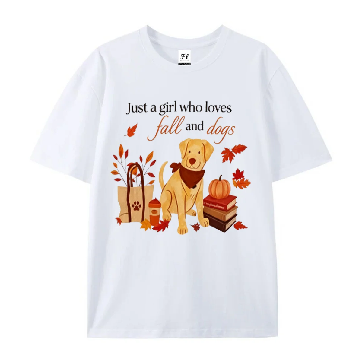 Just A Girl Who Loves Fall And Dogs Graphic T‑Shirt Autumn Golden Retriever Maple Leaf Pumpkin Book Print Short Sleeve Top Wear
