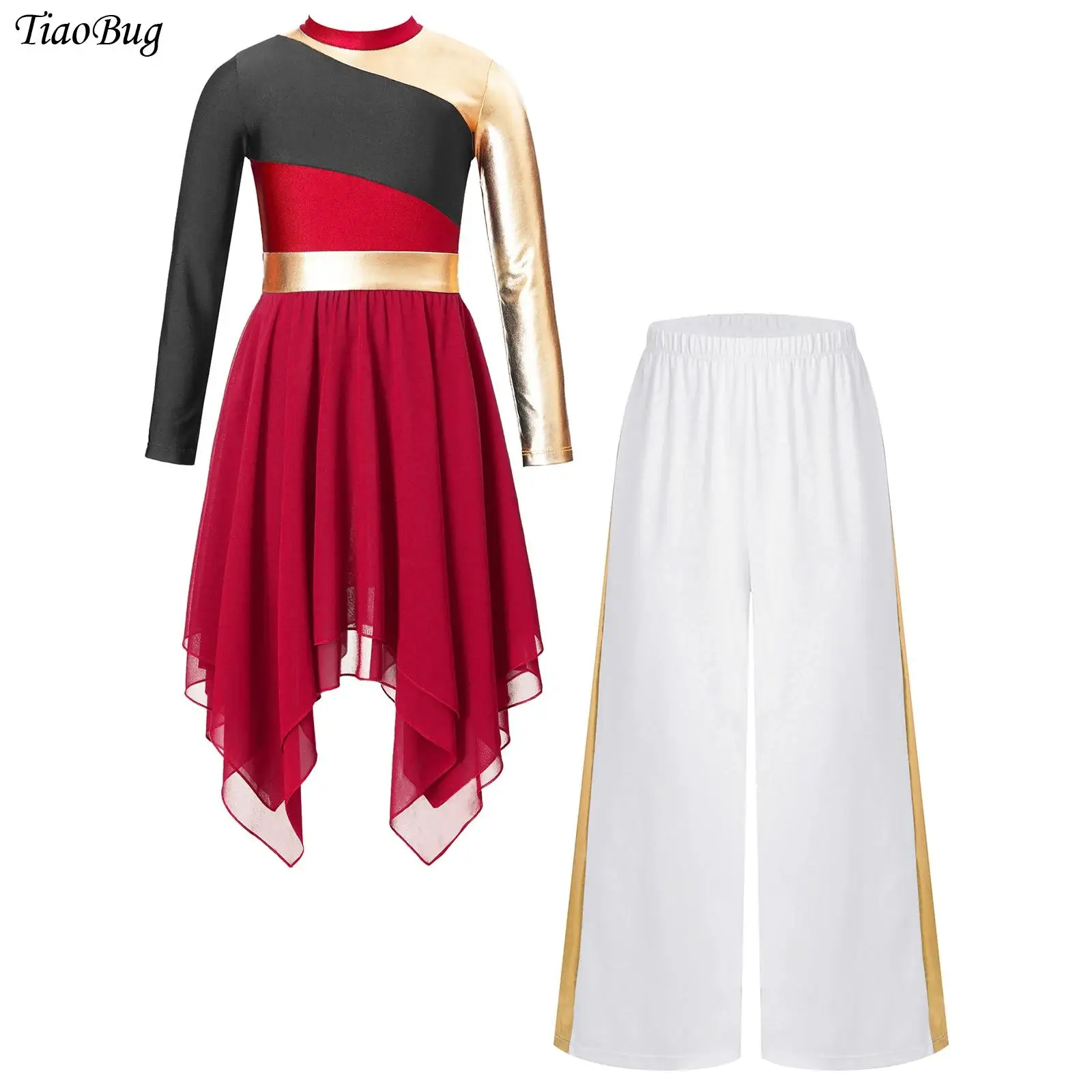 

Kids Girls Praise Worship Dance Costumes Long Sleeve Asymmetrical Chiffon Hem Contrast Color Patchwork Dress with Wide-Leg Pants