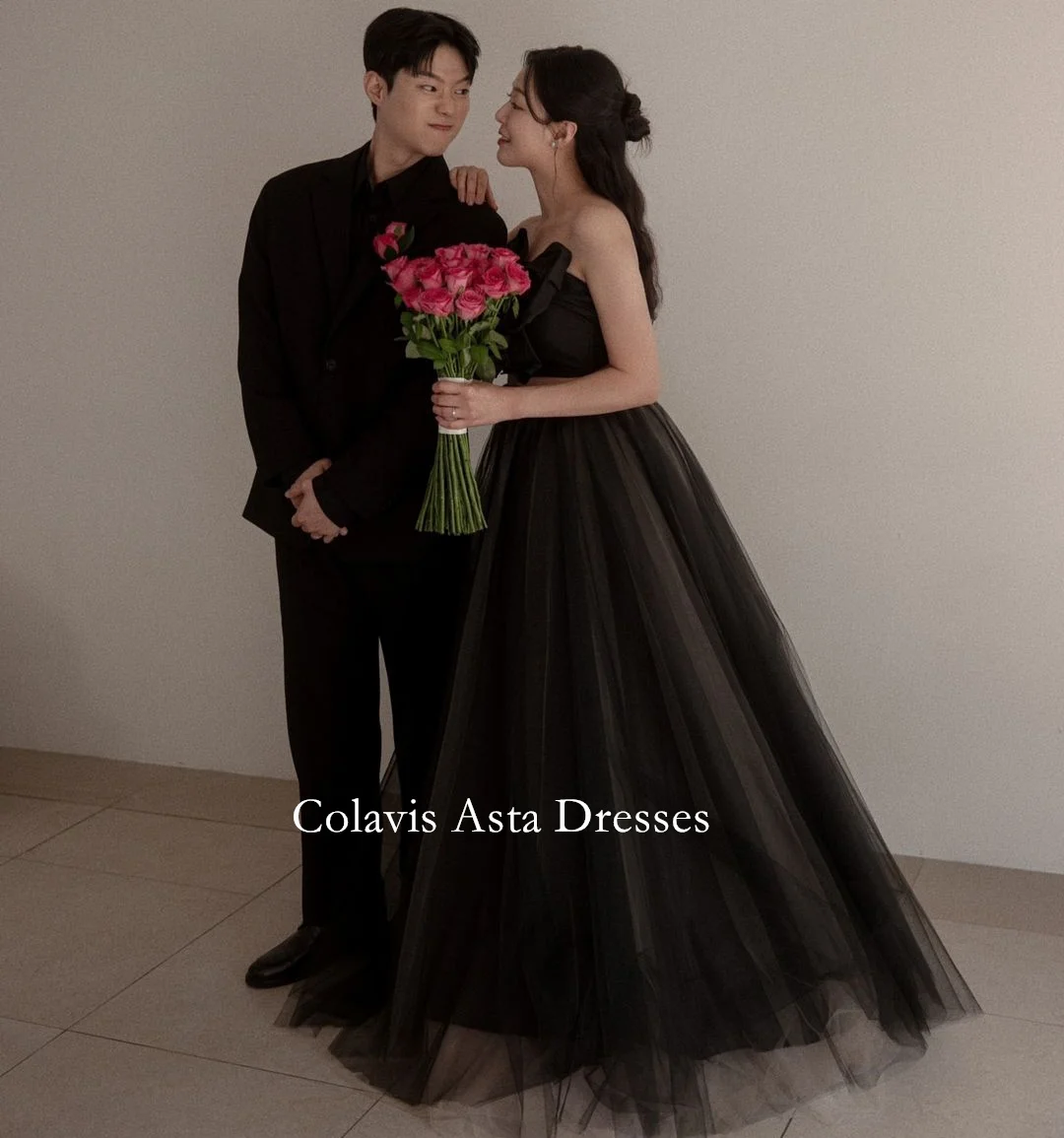 

Colavis Asta Korea Strapless Black Two Pieces Evening Dresses 웨딩드레스 Tulle Ruched Tiered Custom Made A-Line Prom Gowns Plus Size