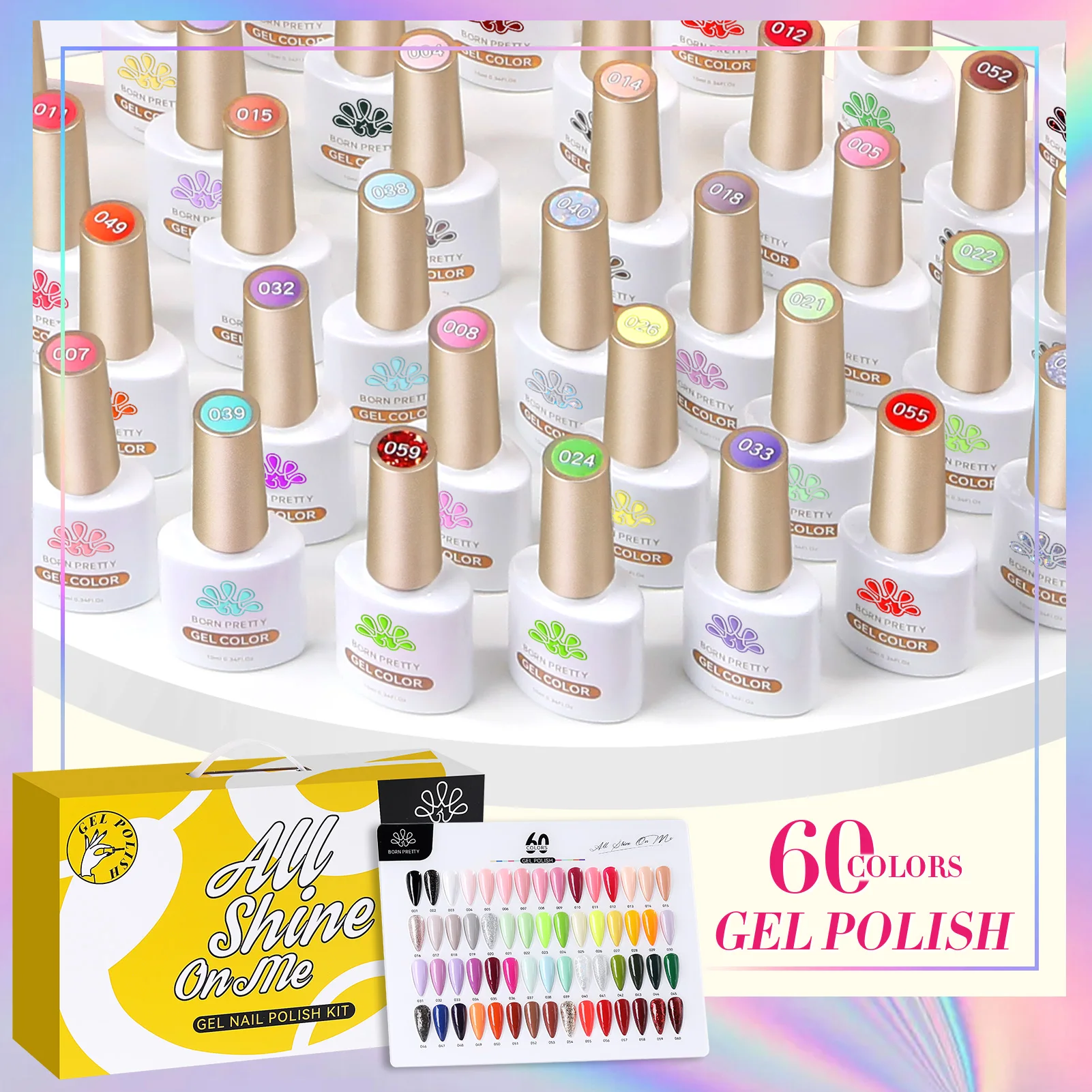 BORN PRETTY 65-teiliges Gel-Nagellack-Set mit 60-teiligem Farbgel, 5 Stück Base Top Coat, glänzendes, mattes Lern-Set, geeignet für Geschenke