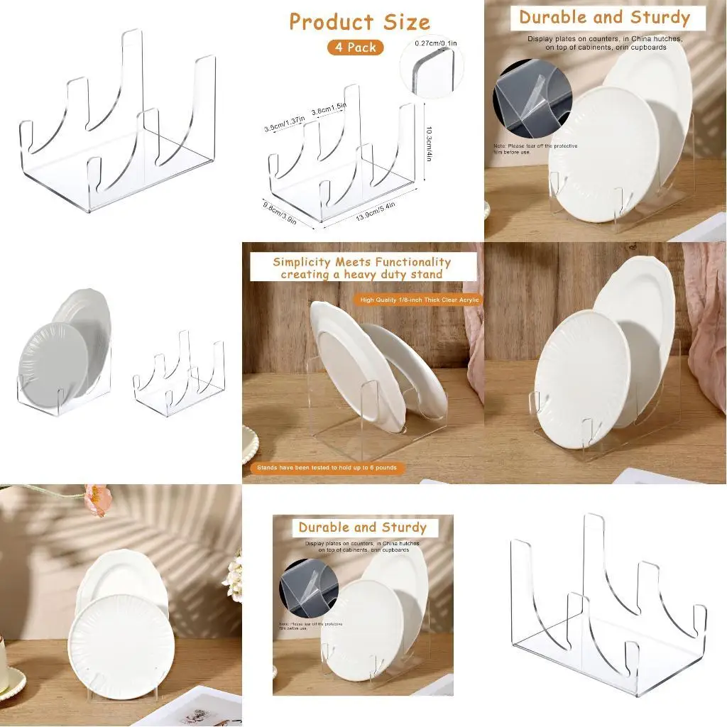 

652F Clear Acrylic Dish Rack Organizers Museums Grade Scratch Resistant Plate Stand for Decorative Plates Photos Recipes